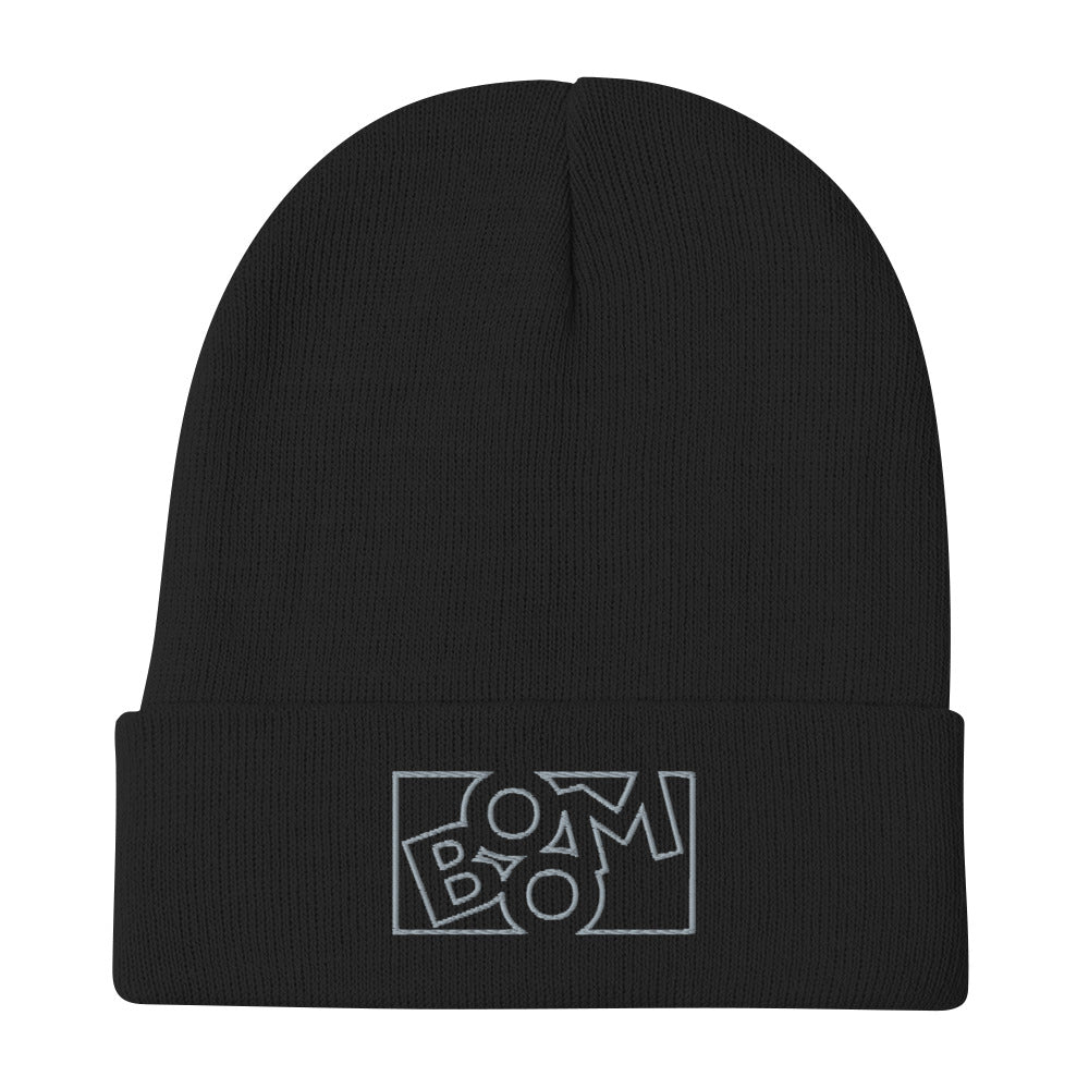 Sonic Boom embroidered beanie. Front view of a black beanie with an embroidered graphic that says BOOM.