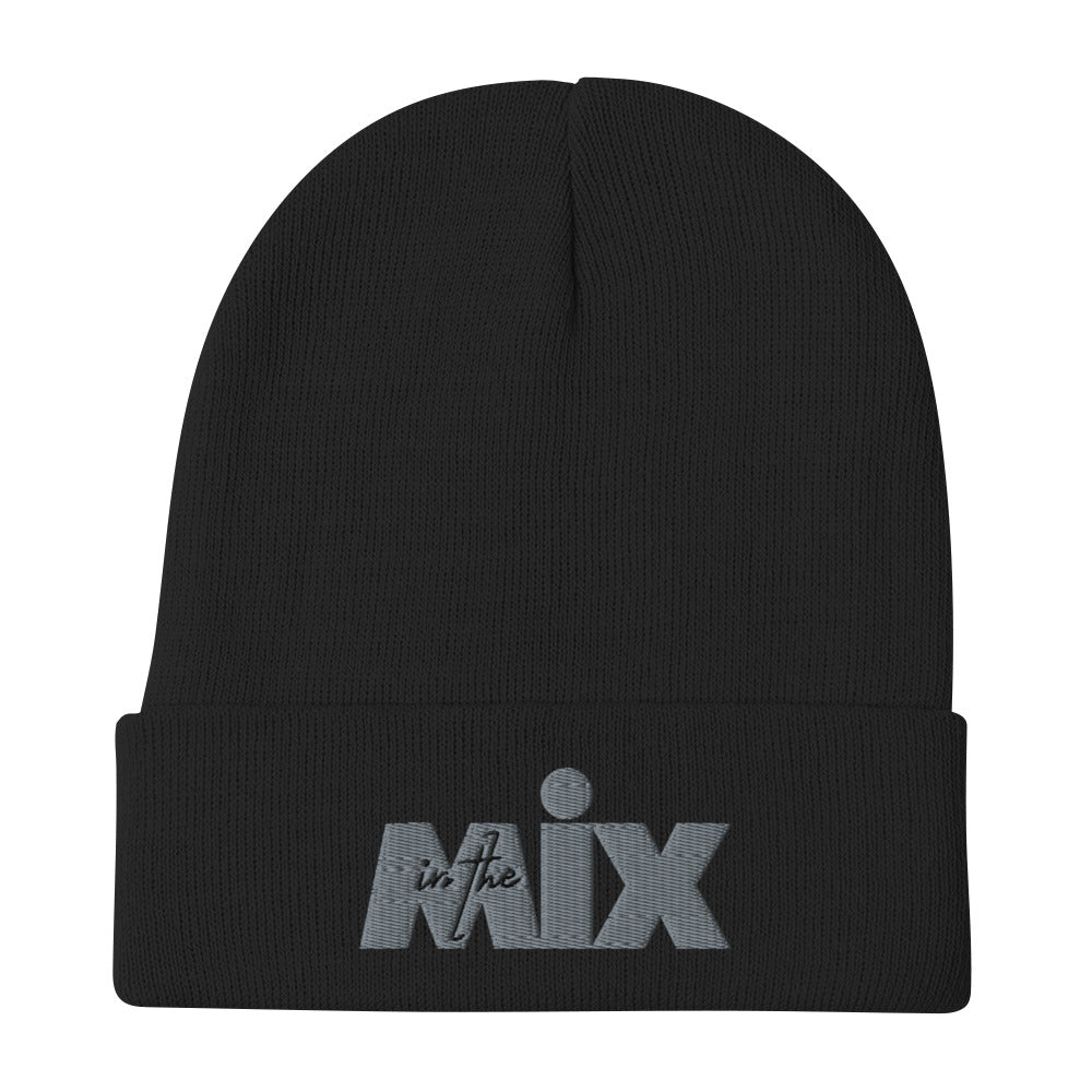 In The Mix embroidered beanie. Front view of black beanie with embroidered text that says In The Mix.