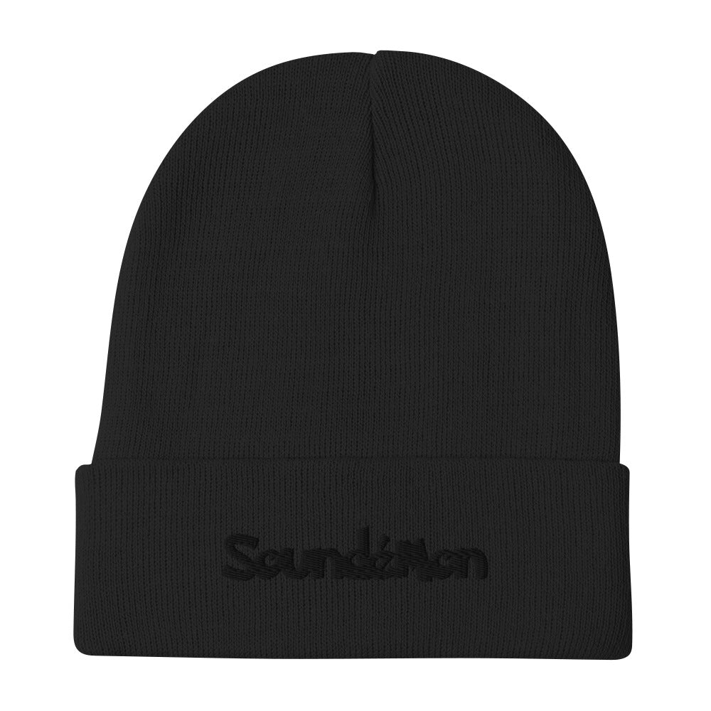 Soundémon Role Play embroidered beanie. Front view of a black beanie with an embroidered text graphic that says Soundémon.