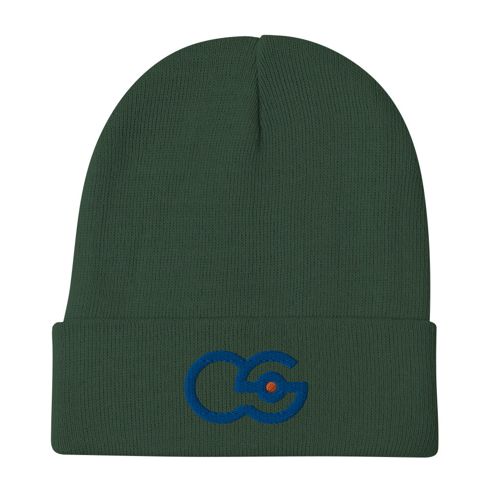 Crew Show Audio Logo embroidered beanie. Front view of green beanie with an embroidered graphic of the letters CS.