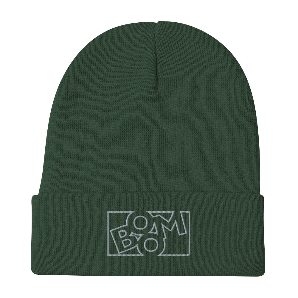 Sonic Boom embroidered beanie. Front view of a green beanie with an embroidered graphic that says BOOM.