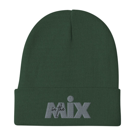 In The Mix embroidered beanie. Front view of green beanie with embroidered text that says In The Mix.