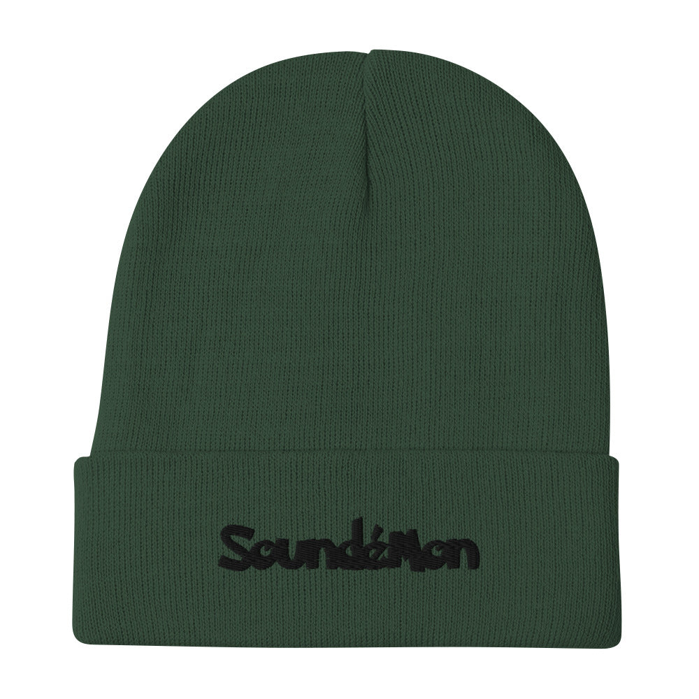 Soundémon Role Play embroidered beanie. Front view of a green beanie with an embroidered text graphic that says Soundémon.