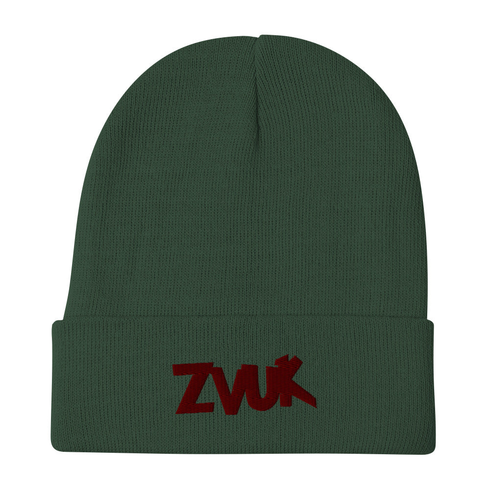 Zvuk Czech Mates embroidered beanie. Front view of green beanie with an embroidered text graphic that says ZVUK.