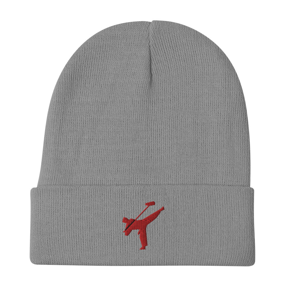 Art Form Red boom op icon embroidered beanie. Front view of a grey beanie with an embroidered red graphic of a martial arts fighter.