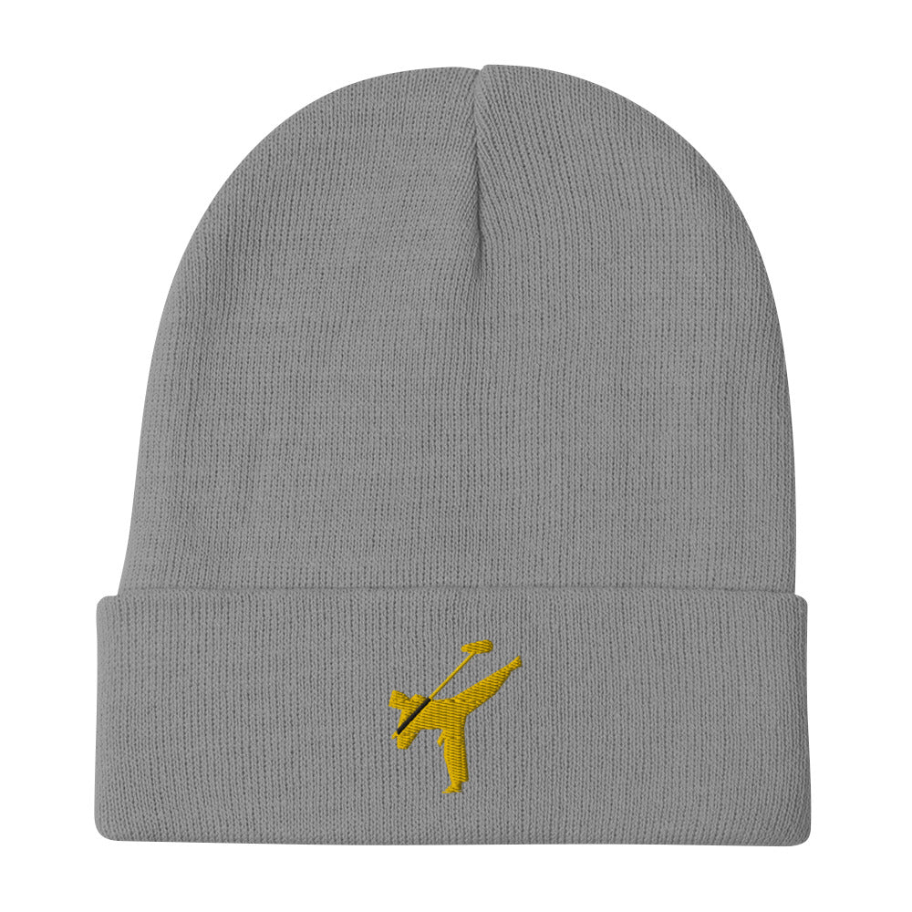 Art Form Gold boom op icon embroidered beanie. Front view of a grey beanie with an embroidered graphic of a martial arts fighter.