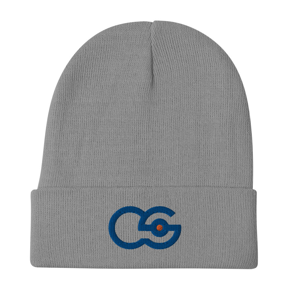 Crew Show Audio Logo embroidered beanie. Front view of grey beanie with an embroidered graphic of the letters CS.