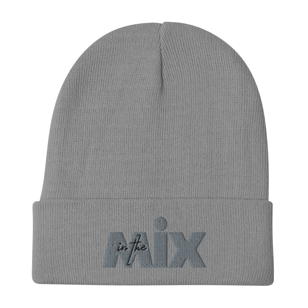 In The Mix embroidered beanie. Front view of grey beanie with embroidered text that says In The Mix.