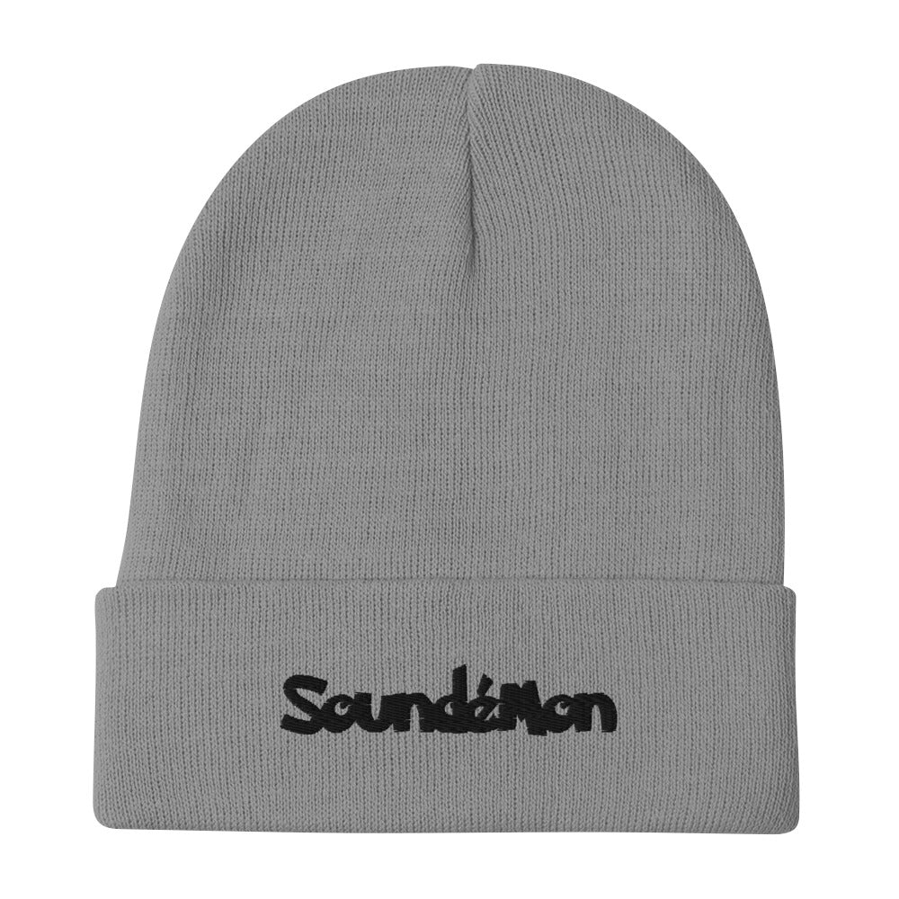 Soundémon Role Play embroidered beanie. Front view of a grey beanie with an embroidered text graphic that says Soundémon.