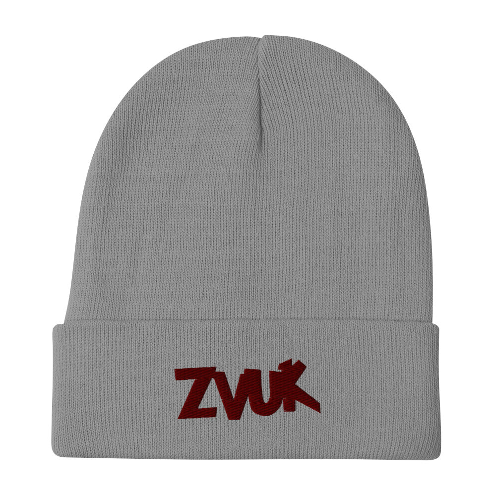 Zvuk Czech Mates embroidered beanie. Front view of grey beanie with an embroidered text graphic that says ZVUK.