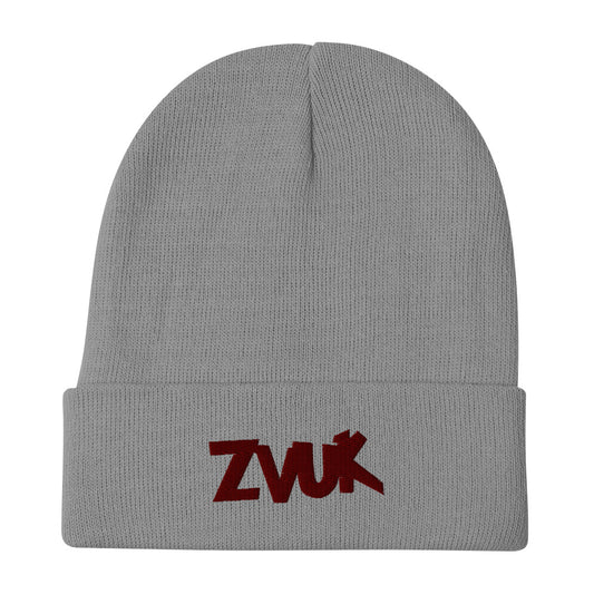 Zvuk Czech Mates embroidered beanie. Front view of grey beanie with an embroidered text graphic that says ZVUK.