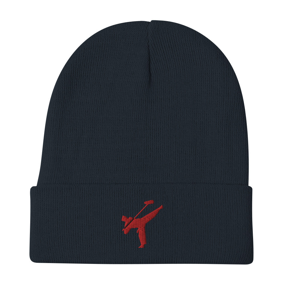 Art Form Red boom op icon embroidered beanie. Front view of a navy blue beanie with an embroidered red graphic of a martial arts fighter.