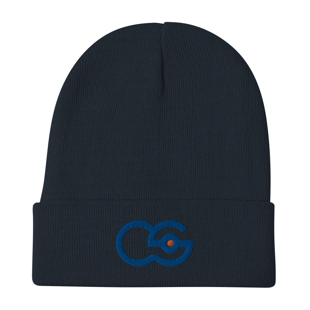 Crew Show Audio Logo embroidered beanie. Front view of navy blue beanie with an embroidered graphic of the letters CS.