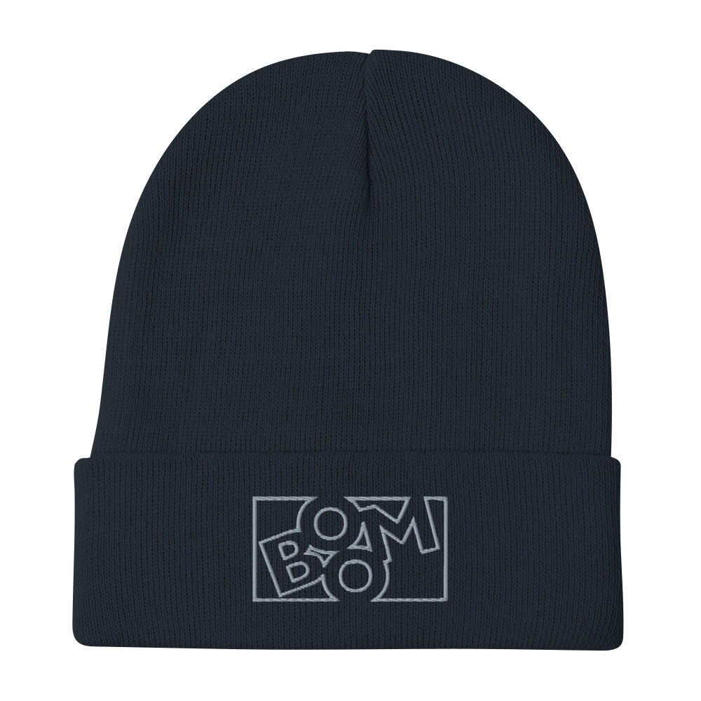 Sonic Boom embroidered beanie. Front view of a navy blue beanie with an embroidered graphic that says BOOM.