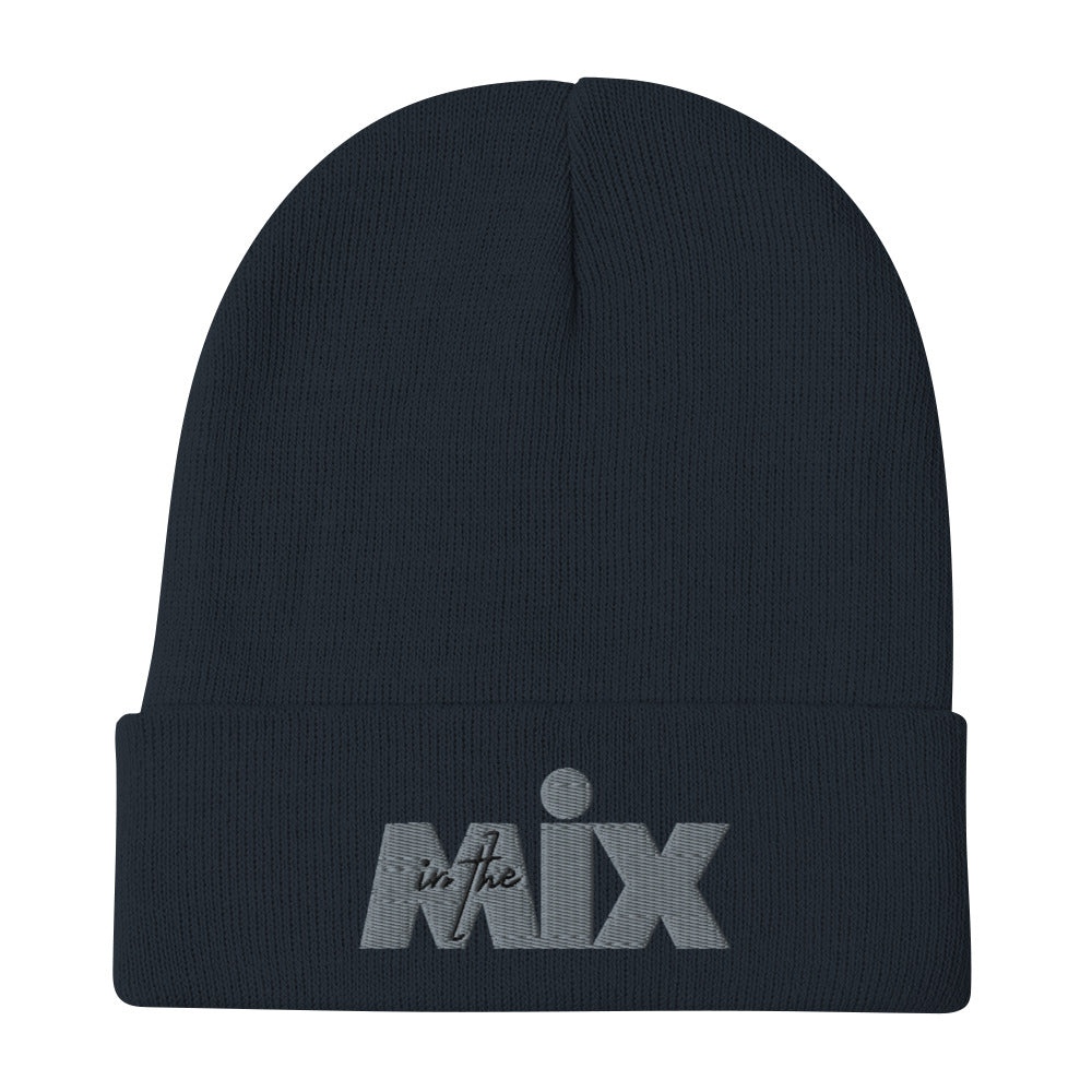 In The Mix embroidered beanie. Front view of navy blue beanie with embroidered text that says In The Mix.