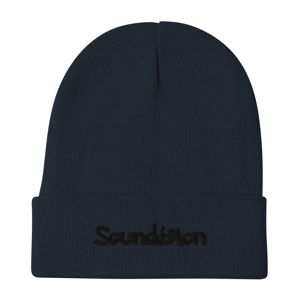 Soundémon Role Play embroidered beanie. Front view of a navy blue beanie with an embroidered text graphic that says Soundémon.