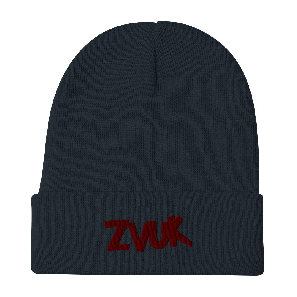 Zvuk Czech Mates embroidered beanie. Front view of navy blue beanie with an embroidered text graphic that says ZVUK.