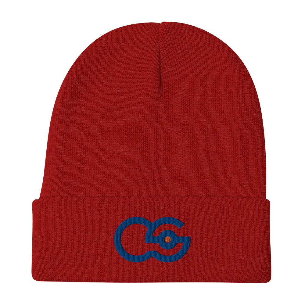 Crew Show Audio Logo embroidered beanie. Front view of red beanie with an embroidered graphic of the letters CS.