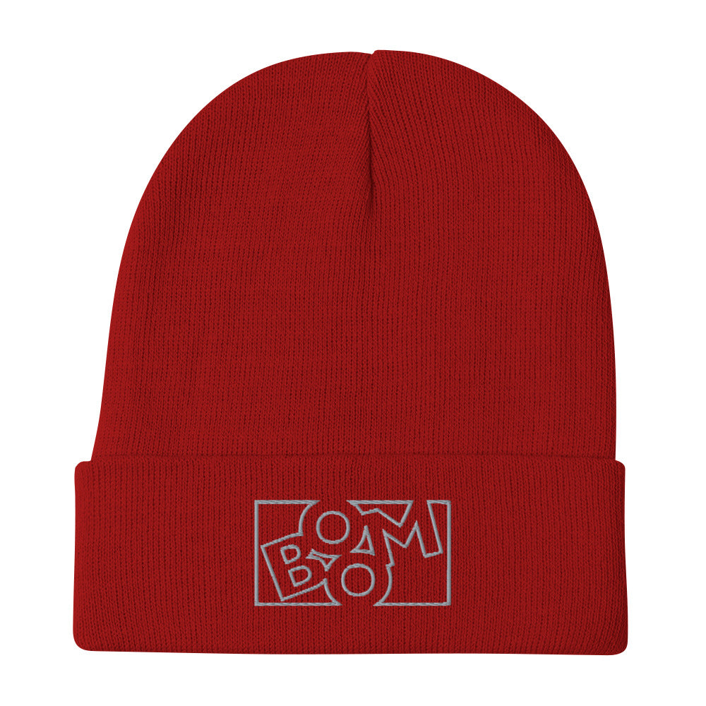 Sonic Boom embroidered beanie. Front view of a red beanie with an embroidered graphic that says BOOM.