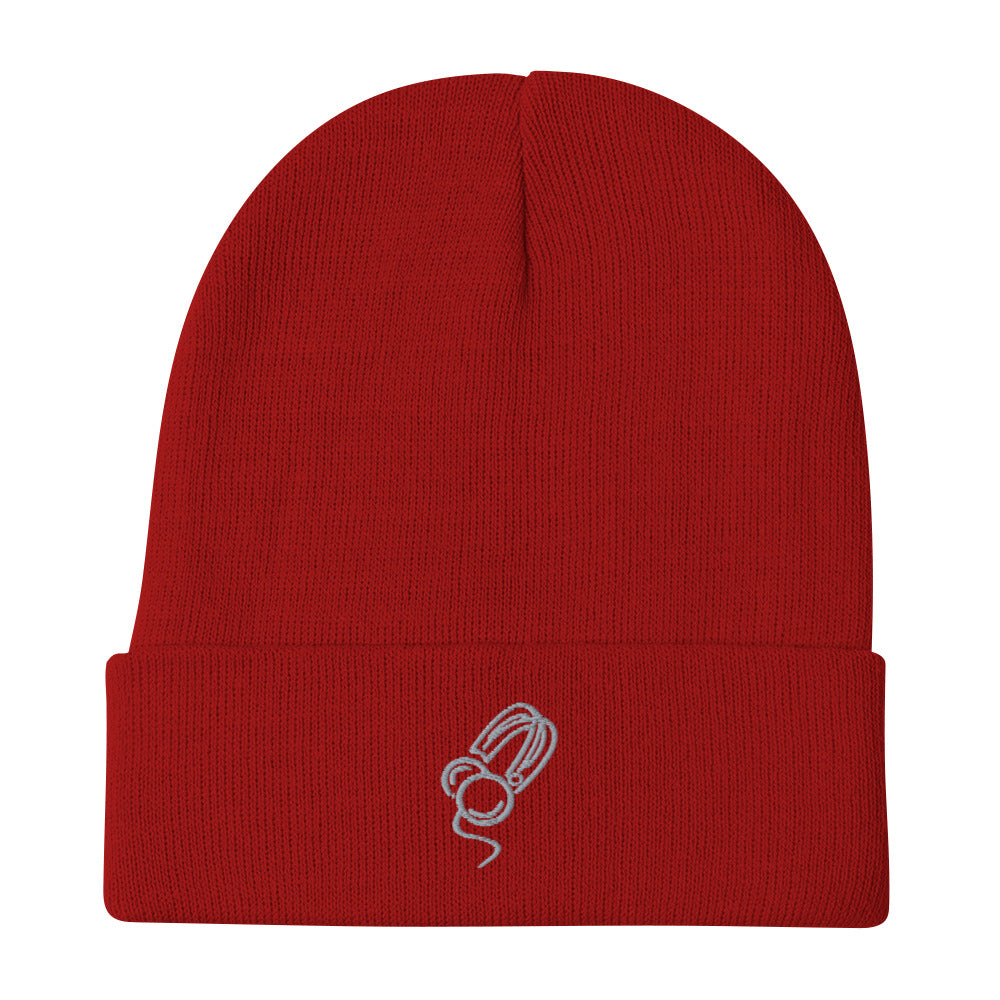 Cantoon Headphone Sketch embroidered beanie. Front view of red beanie with an embroidered graphic of a pair of headphones.