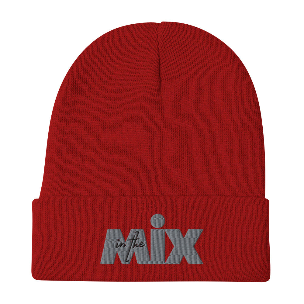 In The Mix embroidered beanie. Front view of red beanie with embroidered text that says In The Mix.