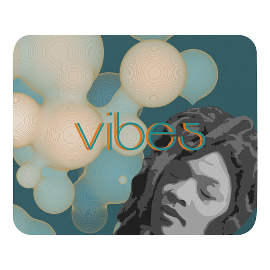 Vibes Easy Listening mouse pad. Front view of mouse pad with graphic of a woman's face surrounded by bubbles.