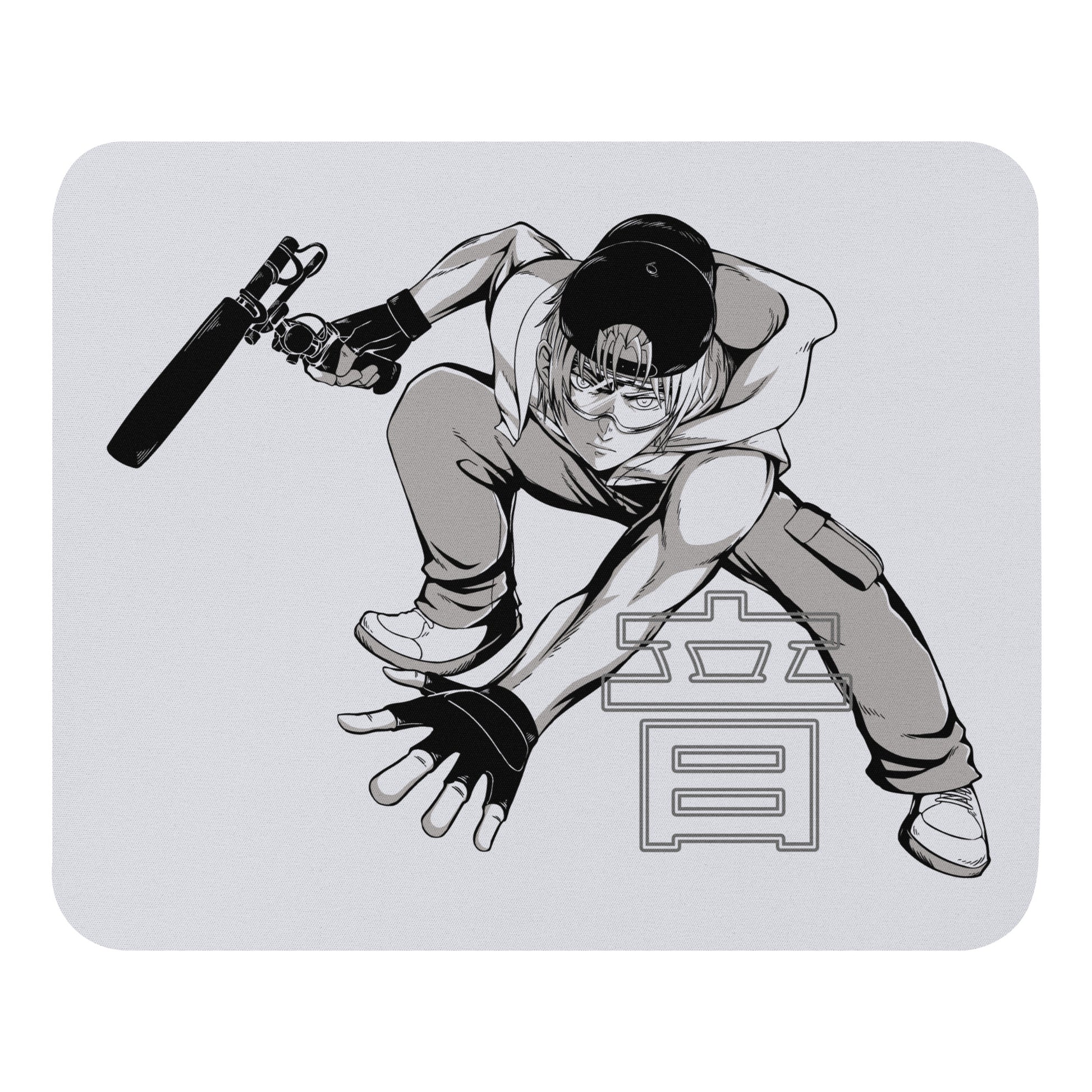 Kenji Sound Man Action Hero mouse pad. Front view of light grey colour mouse pad with graphic of manga style action character.