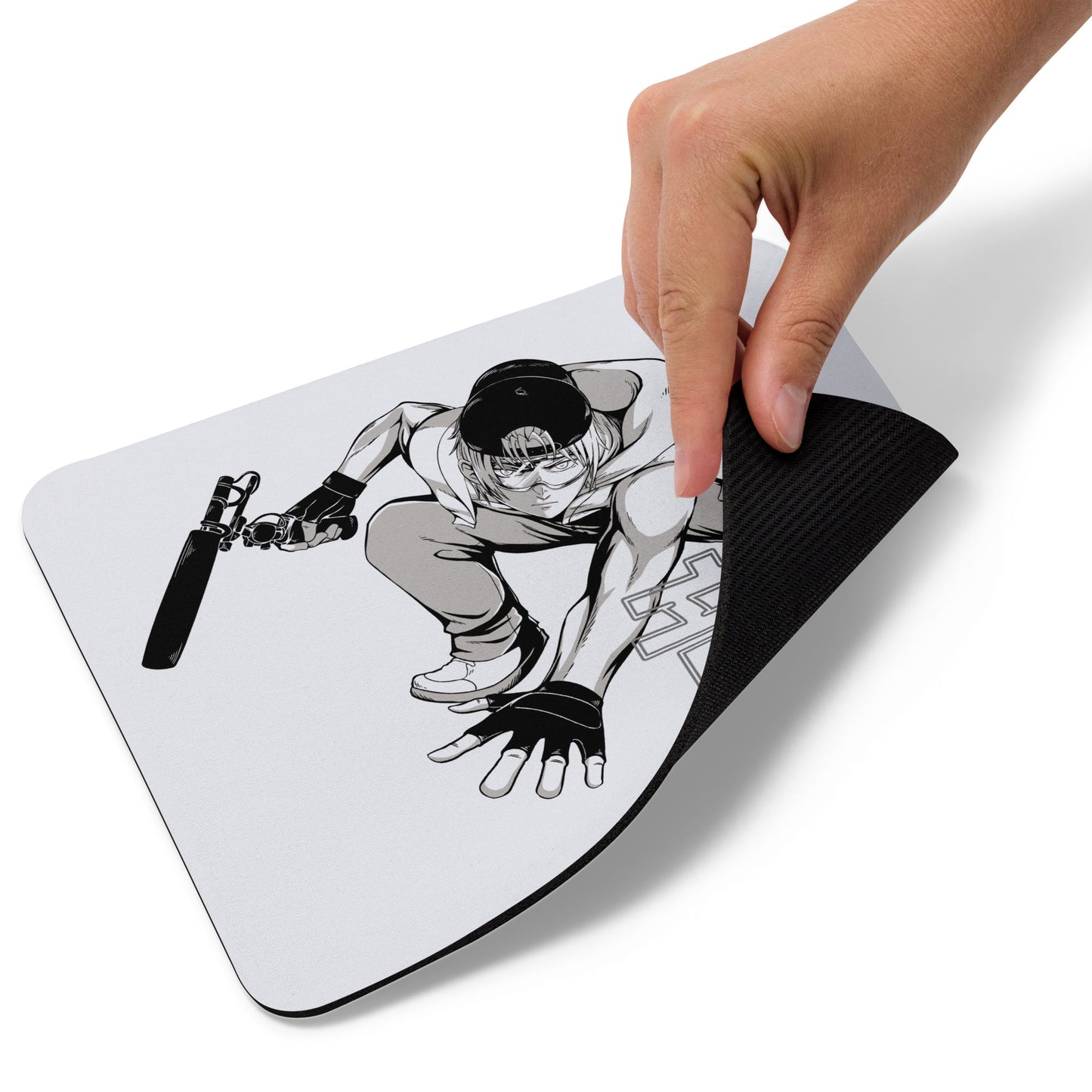 Kenji Sound Man Action Hero mouse pad. Front view of light grey colour mouse pad with graphic of manga style action character and a hand turning up one corner.