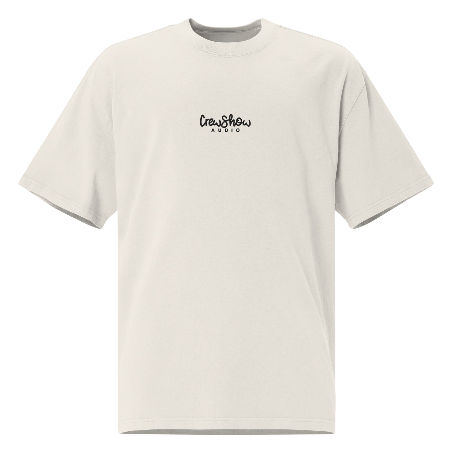 Crew Show Flow Script Style embroidered t-shirt. Front view of bone coloured t-shirt which has Crew Show Audio embroidered on it.