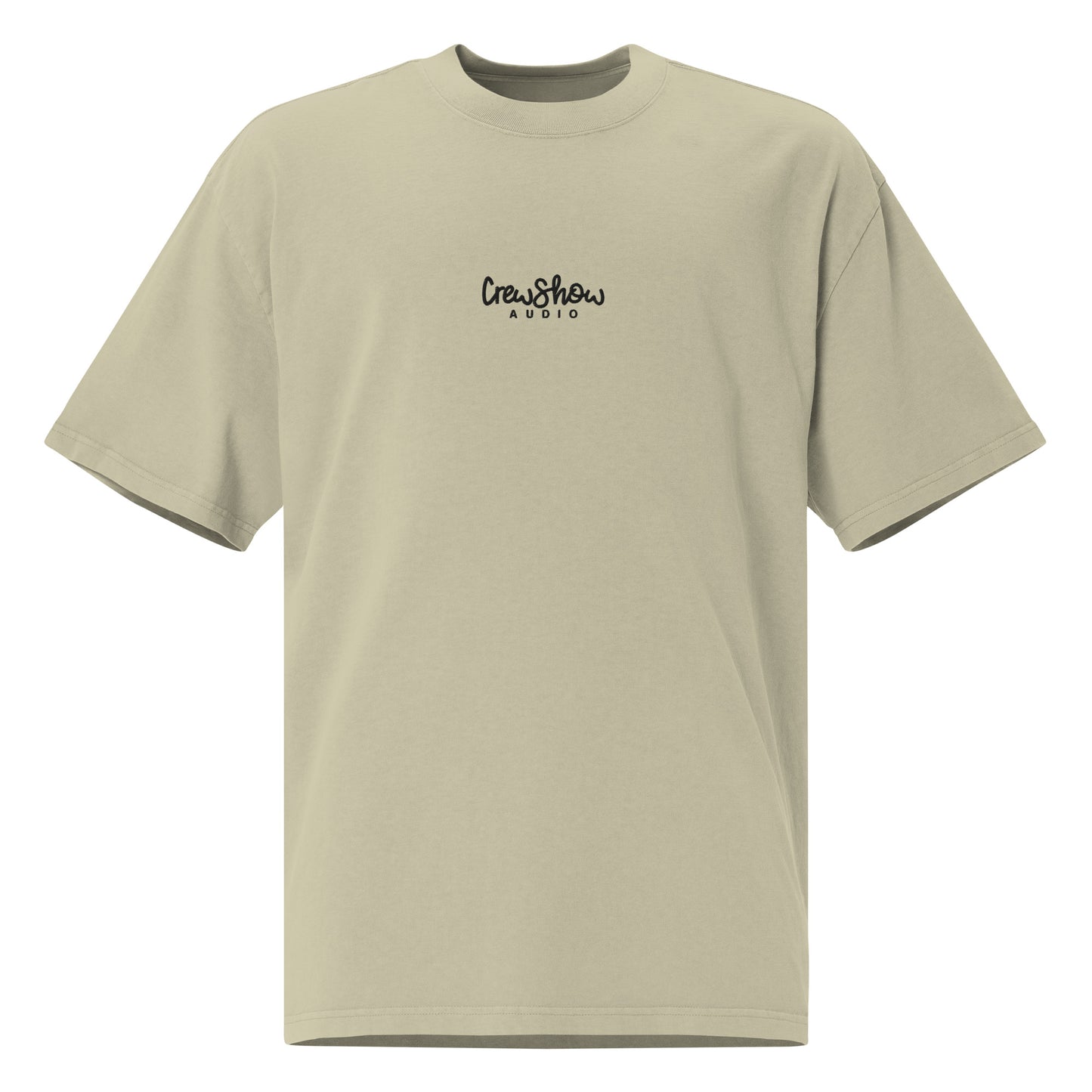 Crew Show Flow Script Style embroidered t-shirt. Front view of eucalyptus coloured t-shirt which has Crew Show Audio embroidered on it.