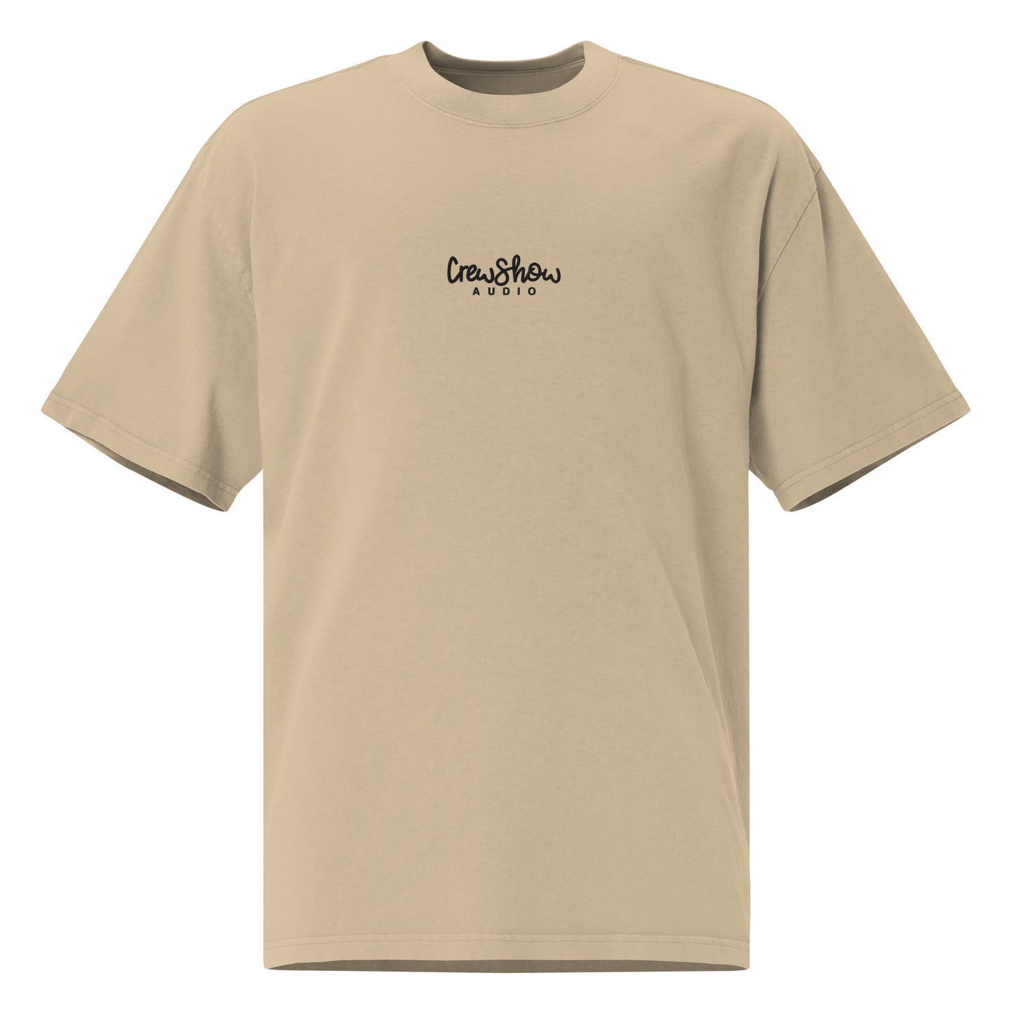 Crew Show Flow Script Style embroidered t-shirt. Front view of khaki coloured t-shirt which has Crew Show Audio embroidered on it.