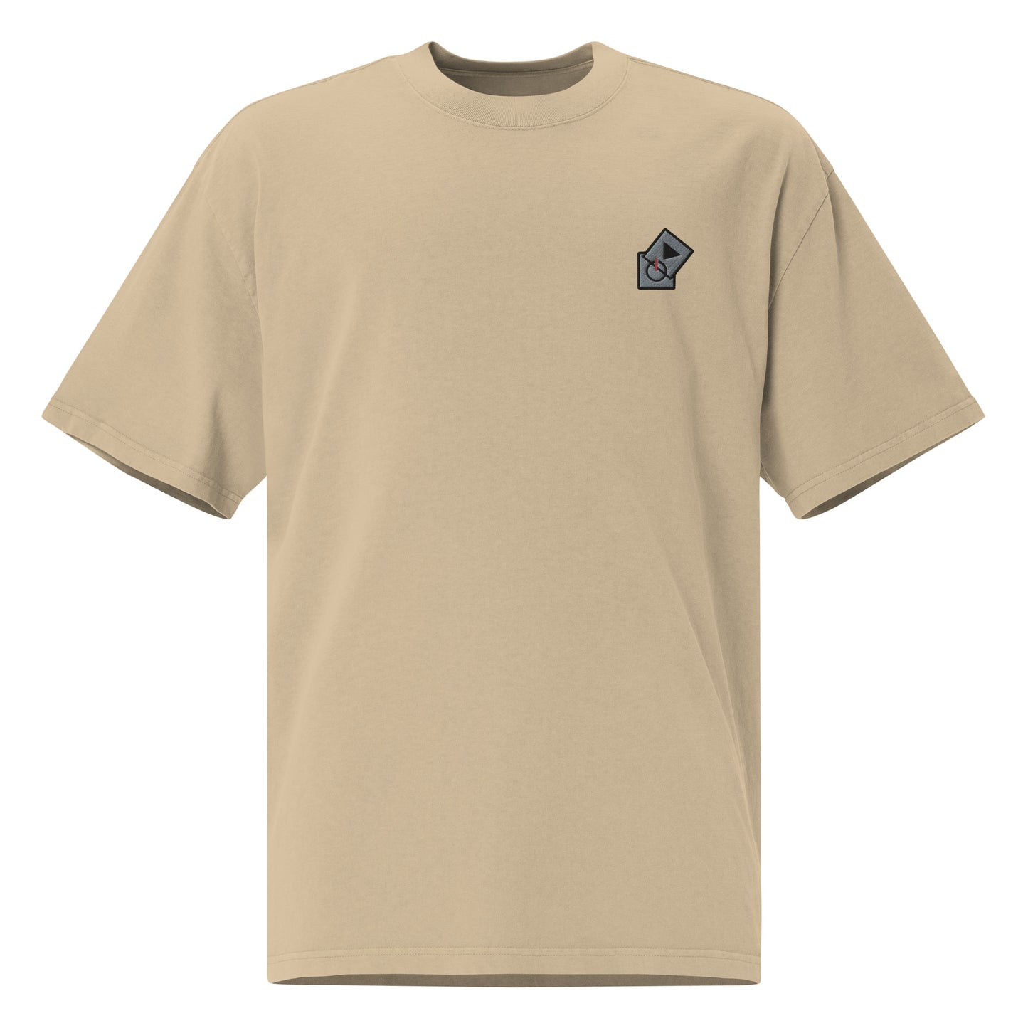 Power Play Audio Icons box fit t-shirt. Front view of a khaki colour t-shirt with an embroidered graphic of tech icons for power and play in the top left position.