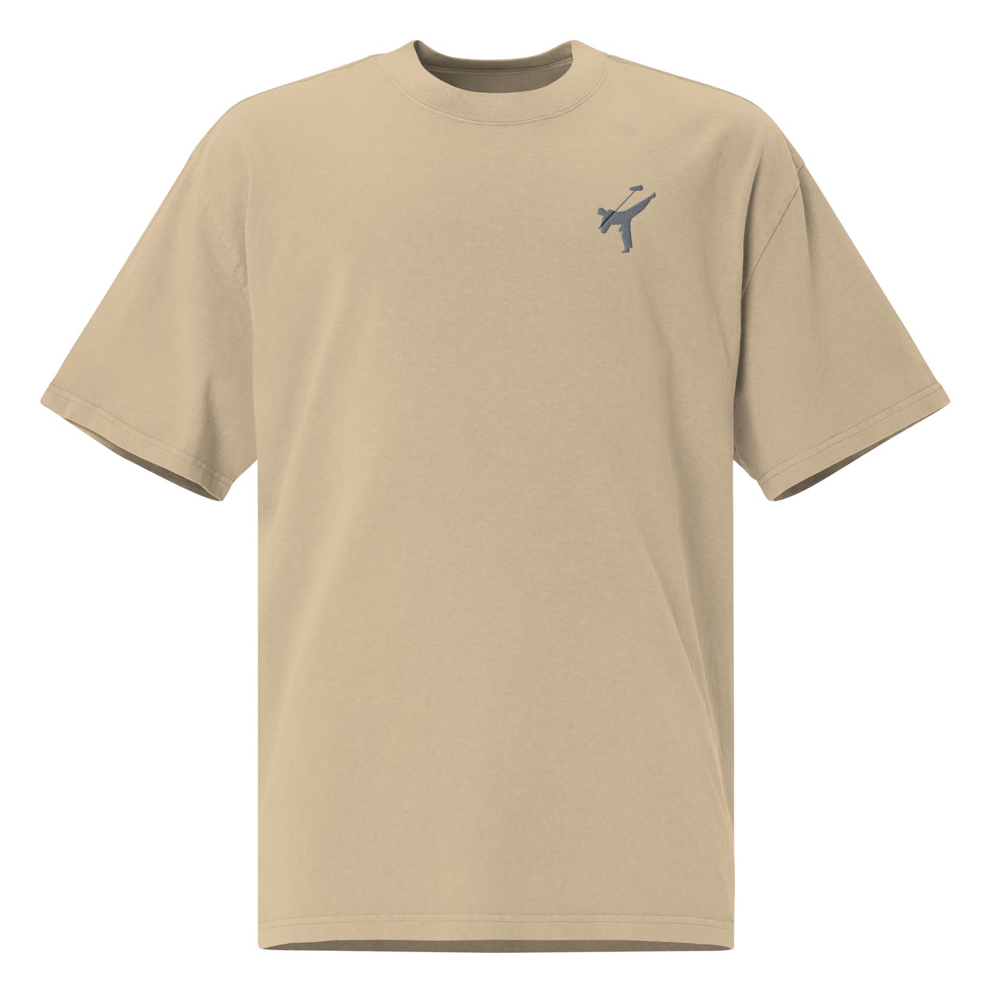 Art Form Boom Icon embroidered T-shirt, front view of khaki colour t-shirt with an embroidered martial arts boom operator in the top left.