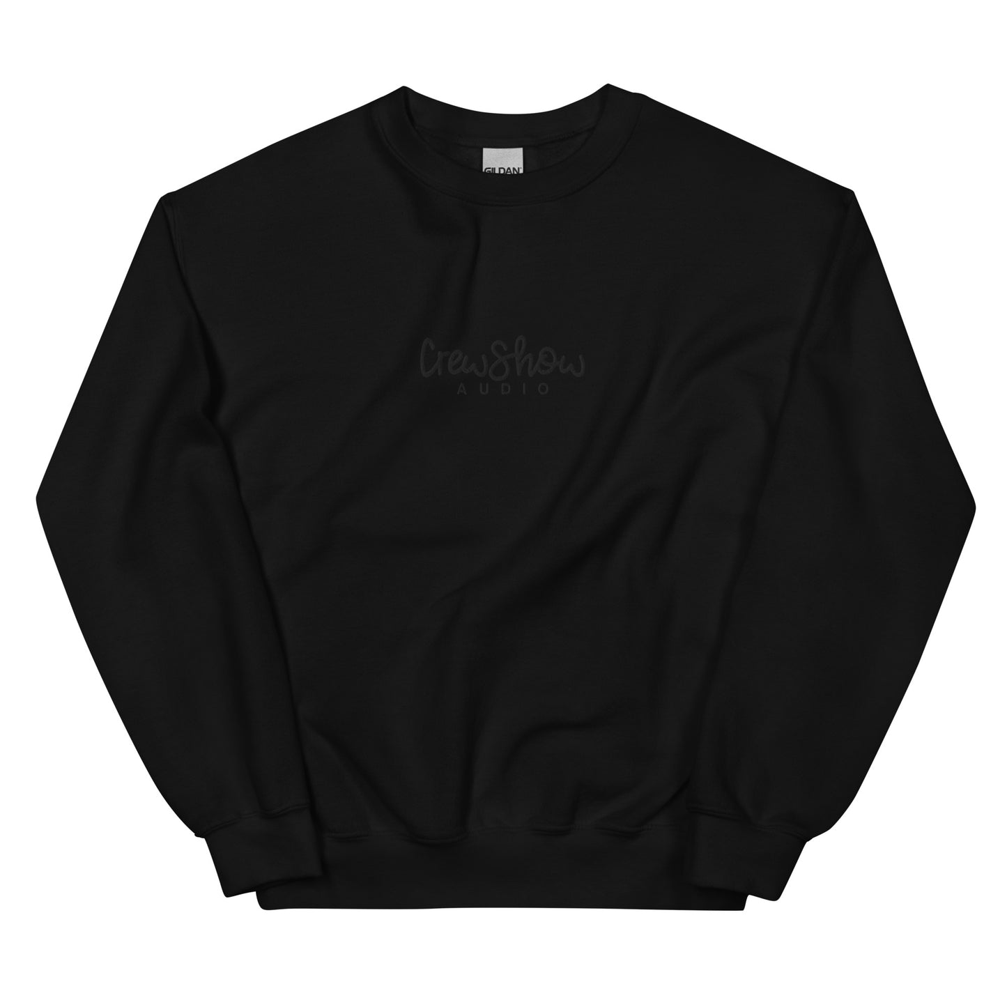 Crew Show Audio Script embroidered sweatshirt. Front view of black sweatshirt with Crew Show Audio embroidered on the front.