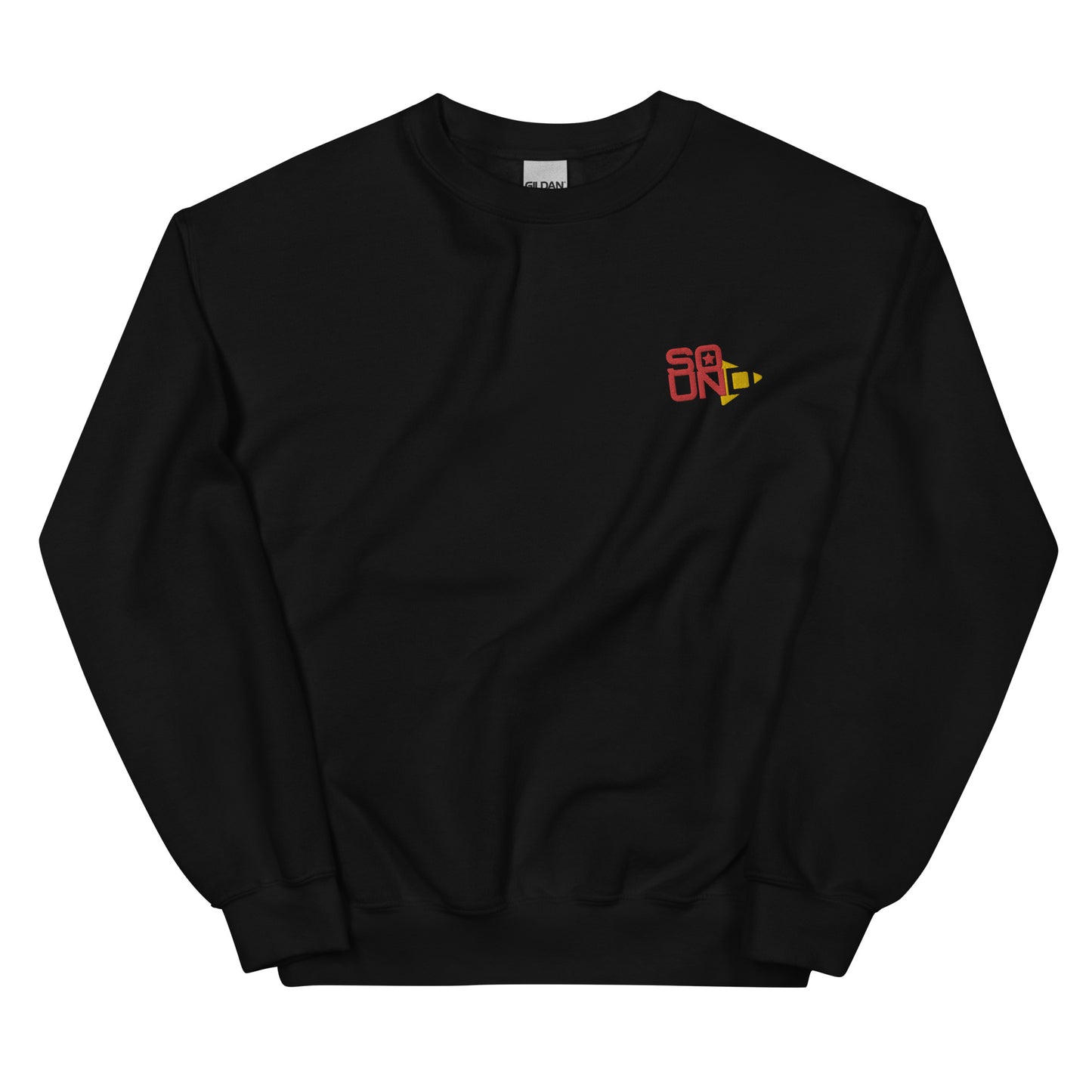 Star Player embroidered sweatshirt. Front view of a black sweatshirt with an embroidered graphic that says SOUND.