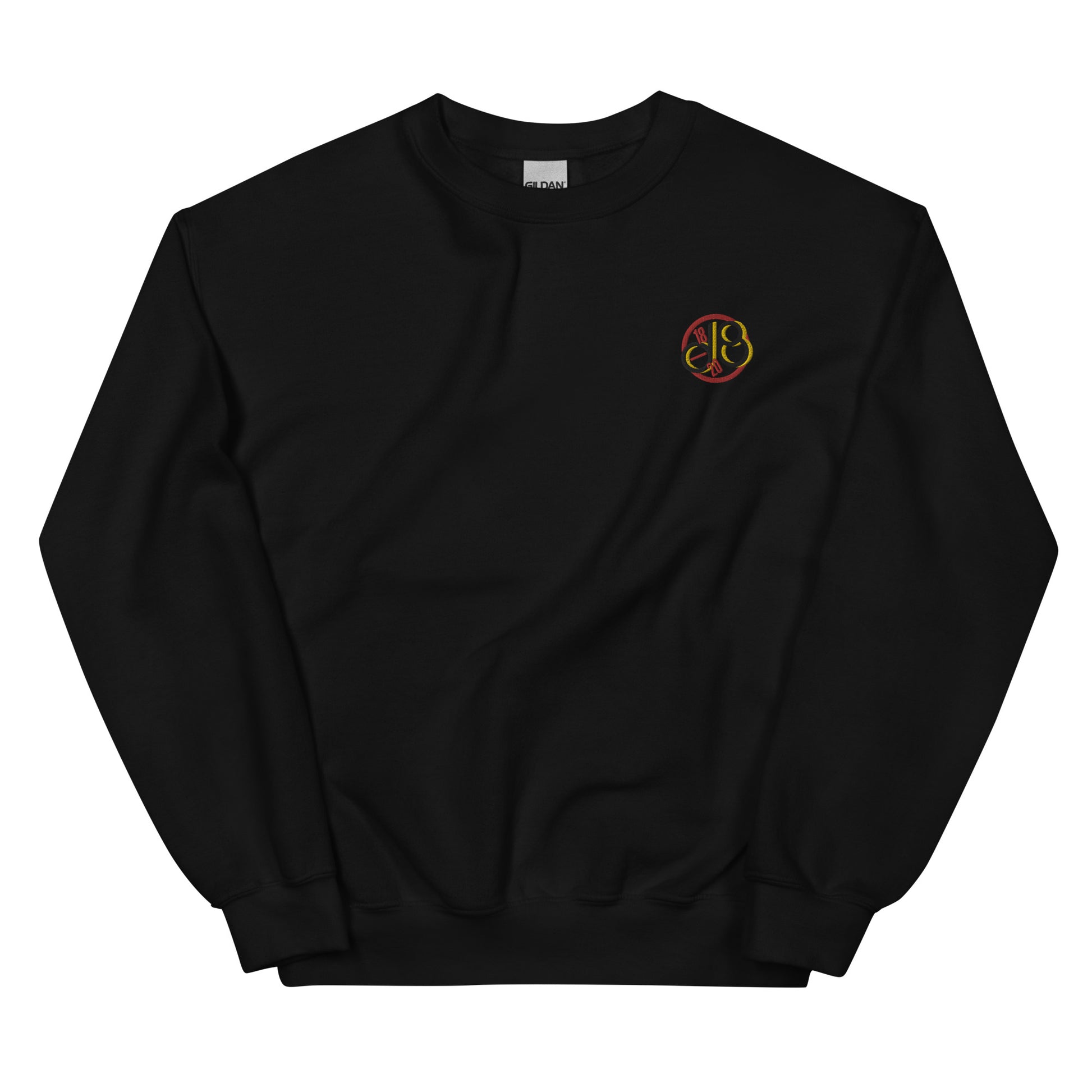 Full Scale dB embroidered sweatshirt. Front view of black sweatshirt with an embroidered graphic that says dB.