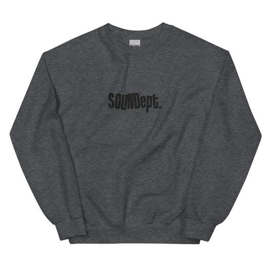 Sound Dept 3 embroidered graphic sweatshirt. Front view of dark grey sweatshirt with an embroidered graphic that says SOUNDept.