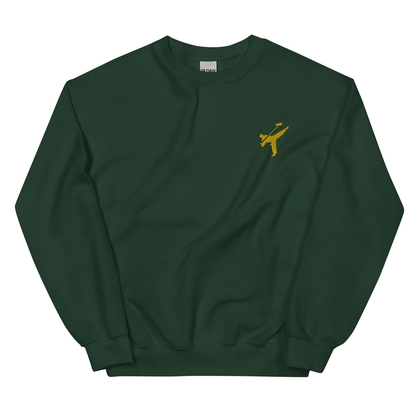 Active Duty Audio Pro embroidered sweatshirt. Front view of green sweatshirt with embroidered graphic of martial arts fighter.