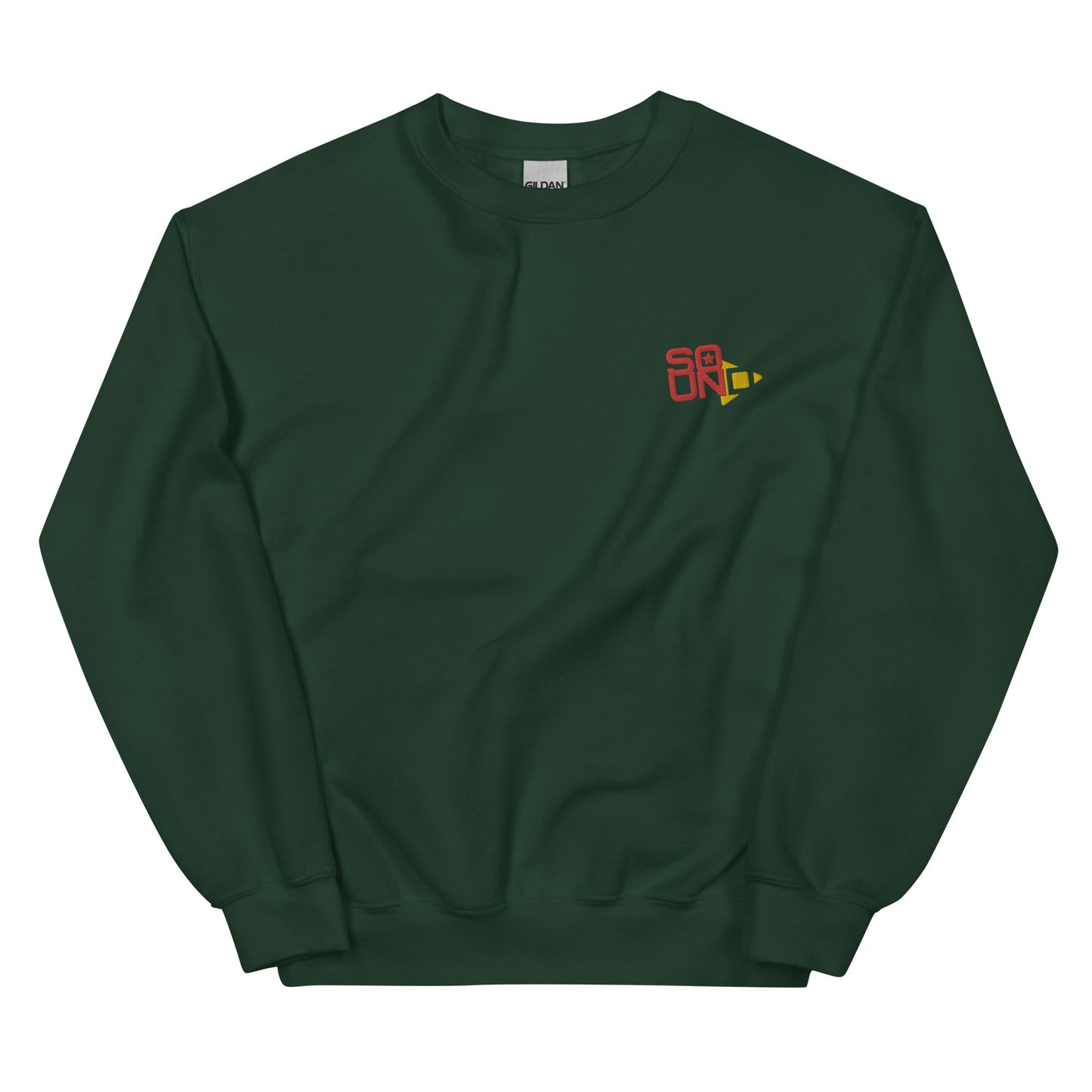 Star Player embroidered sweatshirt. Front view of a green sweatshirt with an embroidered graphic that says SOUND.