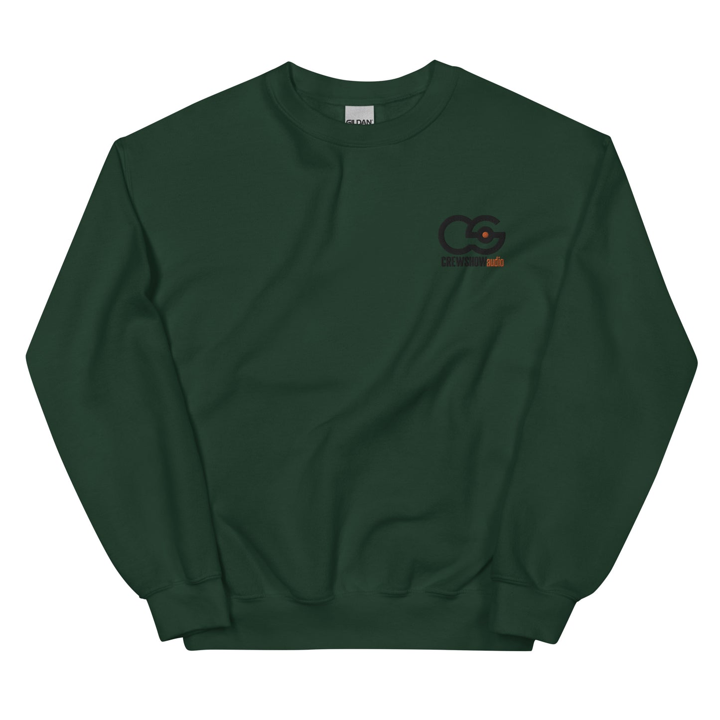 Crew Show Audio embroidered sweatshirt. Front view of a green sweatshirt with the Crew Show Audio logo embroidered on the front.