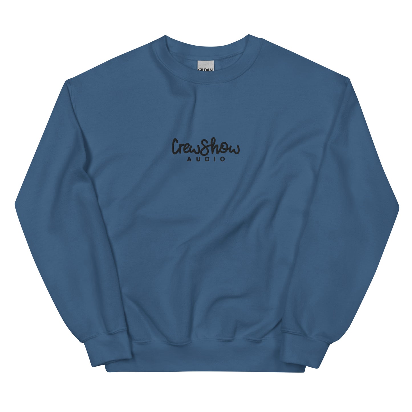 Crew Show Audio Script embroidered sweatshirt. Front view of indigo blue sweatshirt with Crew Show Audio embroidered on the front.