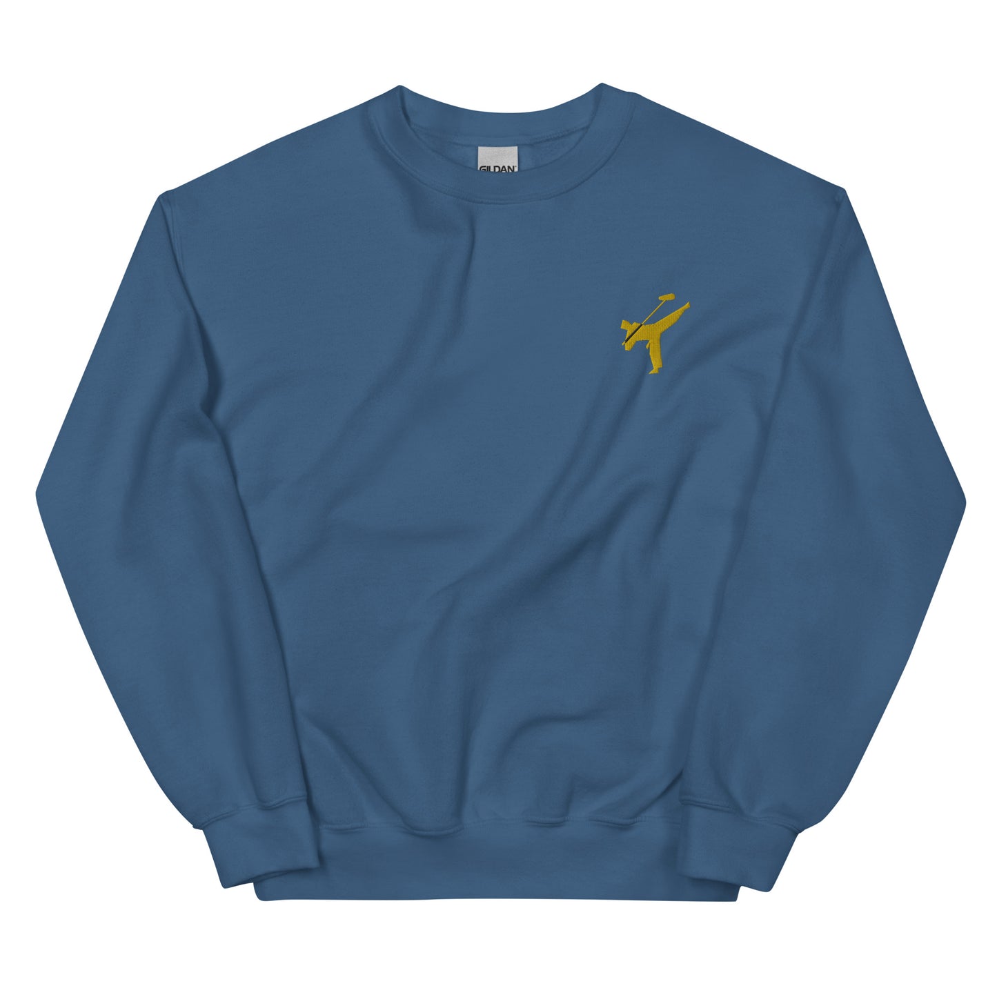 Active Duty Audio Pro embroidered sweatshirt. Front view of indigo blue sweatshirt with embroidered graphic of martial arts fighter.