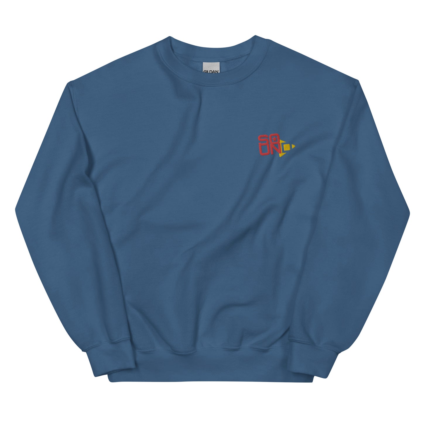 Star Player embroidered sweatshirt. Front view of an indigo blue sweatshirt with an embroidered graphic that says SOUND.