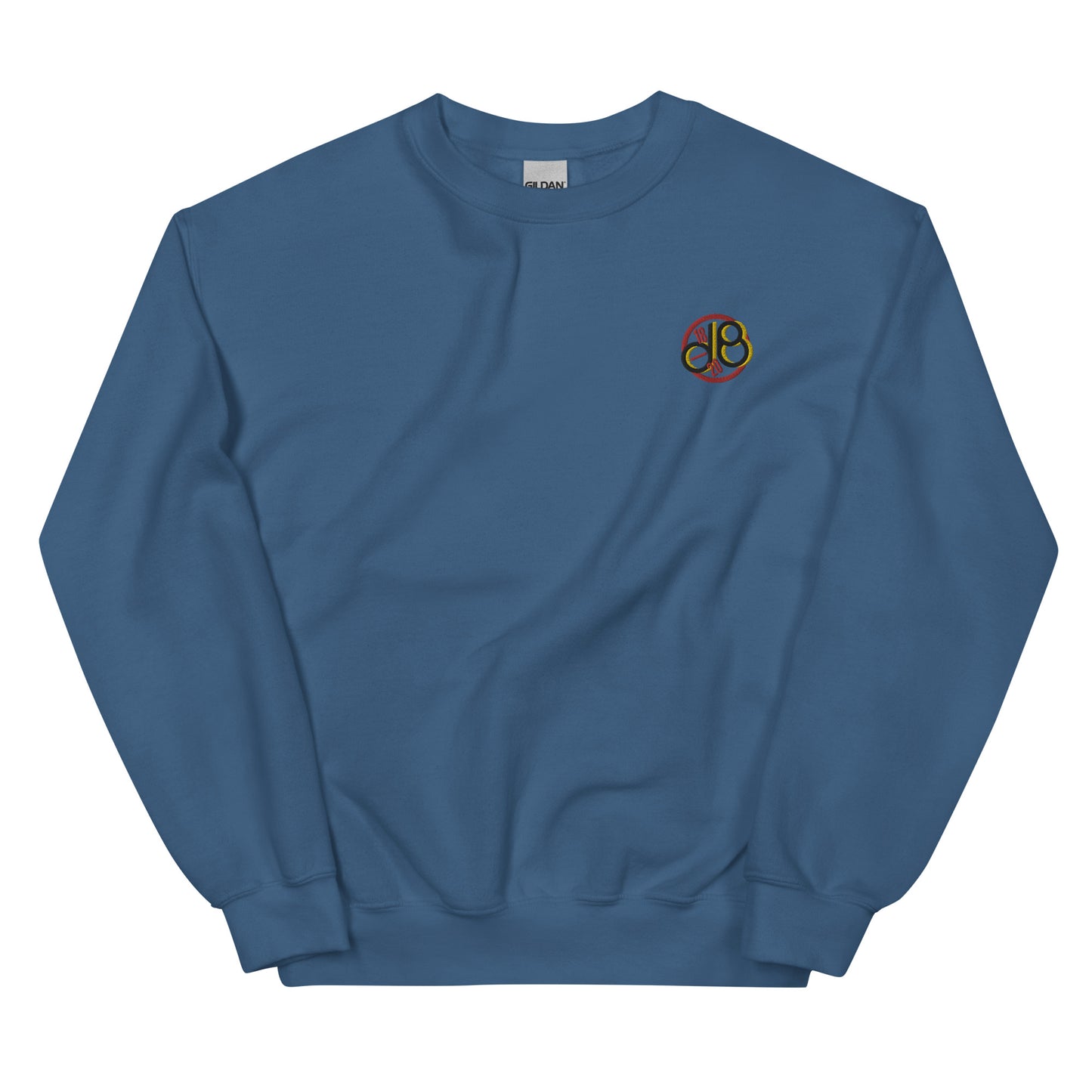 Full Scale dB embroidered sweatshirt. Front view of an indigo blue sweatshirt with an embroidered graphic that says dB.