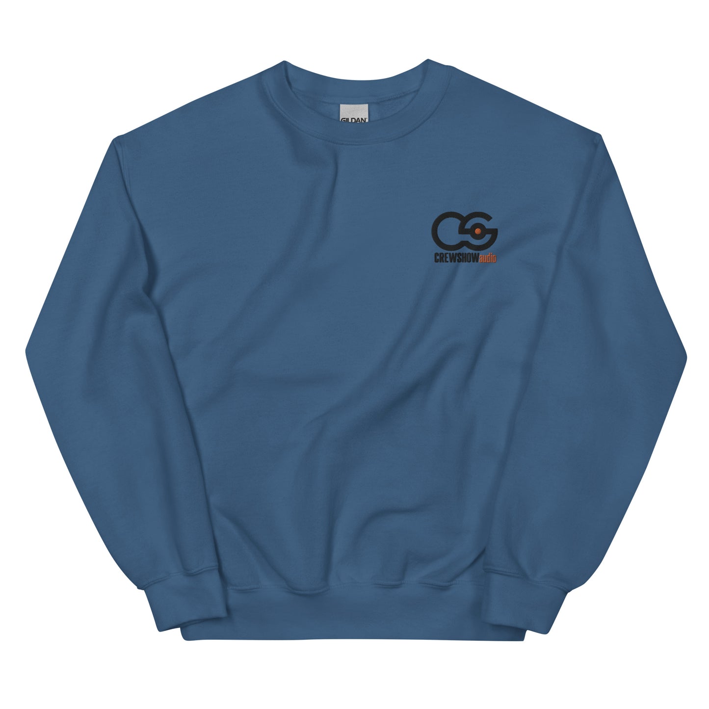 Crew Show Audio embroidered sweatshirt. Front view of a indigo blue colour sweatshirt with the Crew Show Audio logo embroidered on the front.