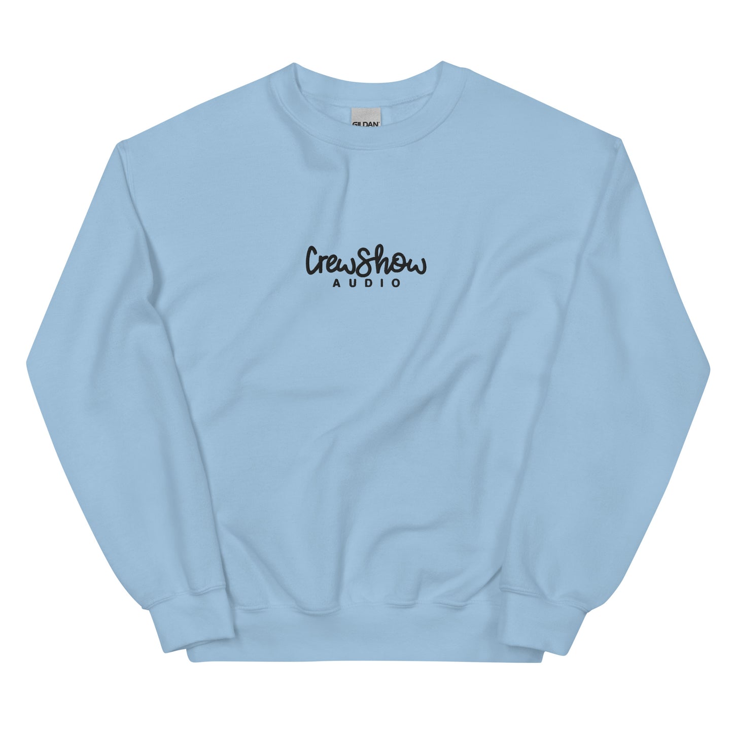 Crew Show Audio Script embroidered sweatshirt. Front view of light blue sweatshirt with Crew Show Audio embroidered on the front.