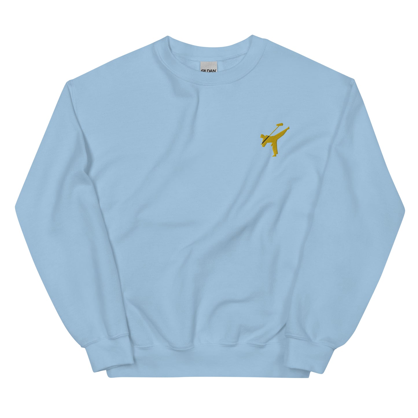 Active Duty Audio Pro embroidered sweatshirt. Front view of light blue sweatshirt with embroidered graphic of martial arts fighter.