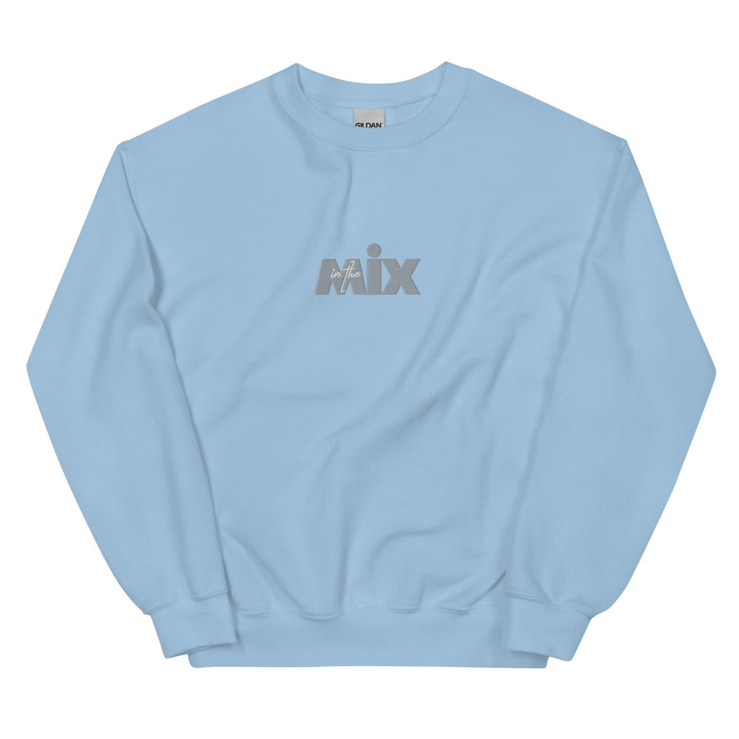 In The Mix embroidered sweatshirt. Front view of a light blue sweatshirt with an embroidered text graphic that says MIX.