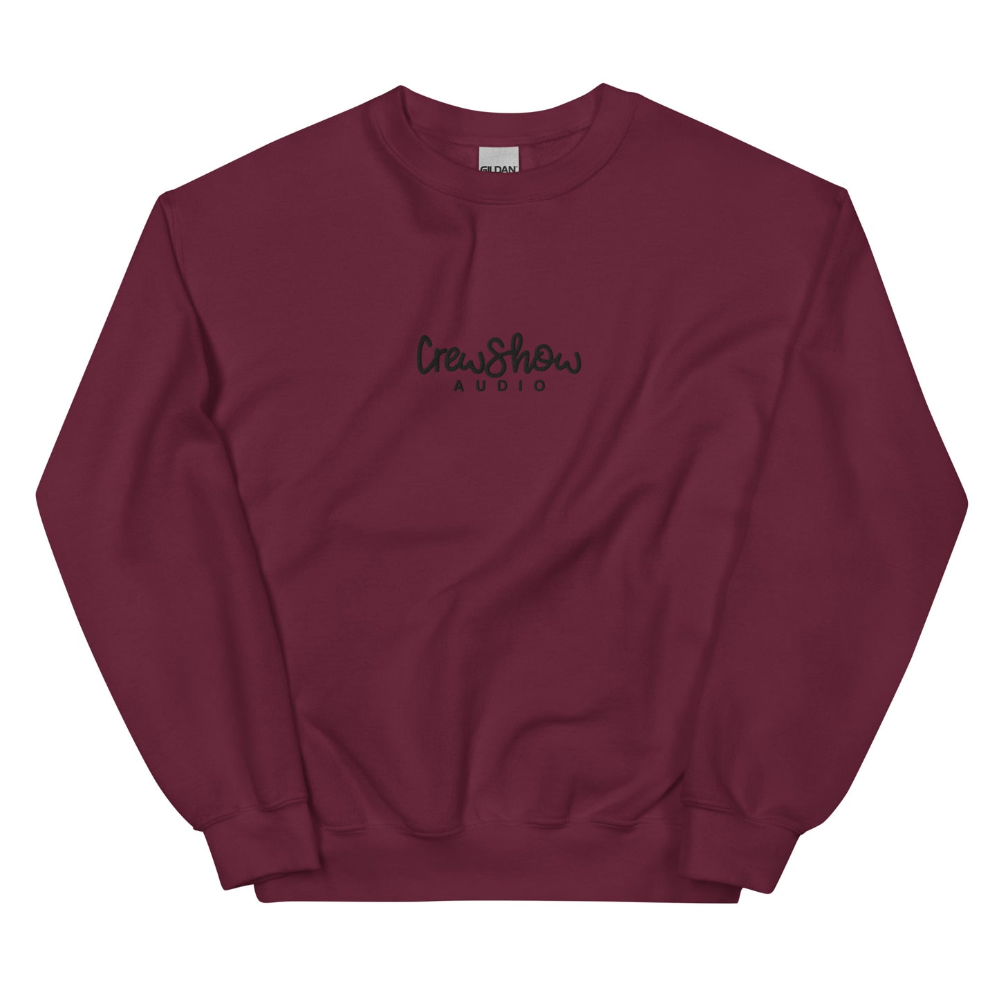 Crew Show Audio Script embroidered sweatshirt. Front view of maroon coloure sweatshirt with Crew Show Audio embroidered on the front.