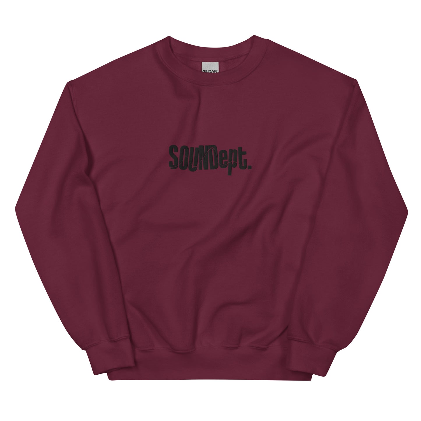 Sound Dept 3 embroidered graphic sweatshirt. Front view of maroon colour sweatshirt with an embroidered graphic that says SOUNDept.